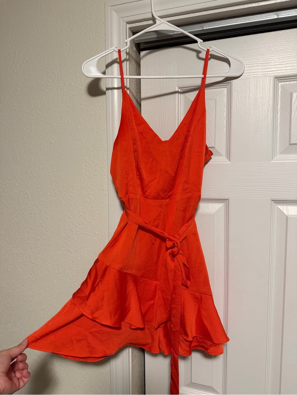Express Orange Ruffle-Hem Tie-Waist Mini Dress
